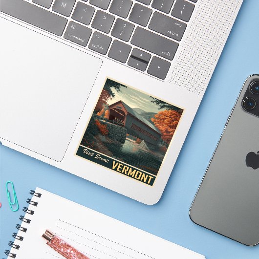  Vermont overdekte brug reizen Sticker (Laptop met iPhone)