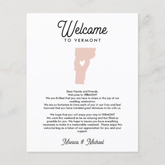 VERMONT Welcome Letter Itinerary ANY COLOR (Voorkant)