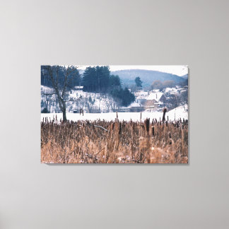 Vermont Winter Cattails Scène Verpakt Canvas Afdruk