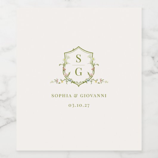VERONA Wildflower Monogram Crest Wedding Wijn Etiket (Enkel label)