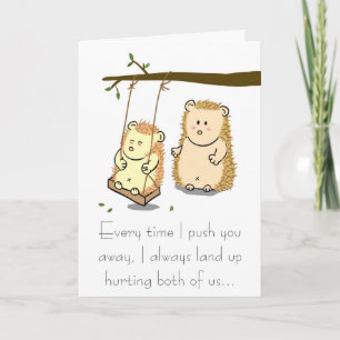 Verontsorrycard met cute egelpaar op boom schommel kaart