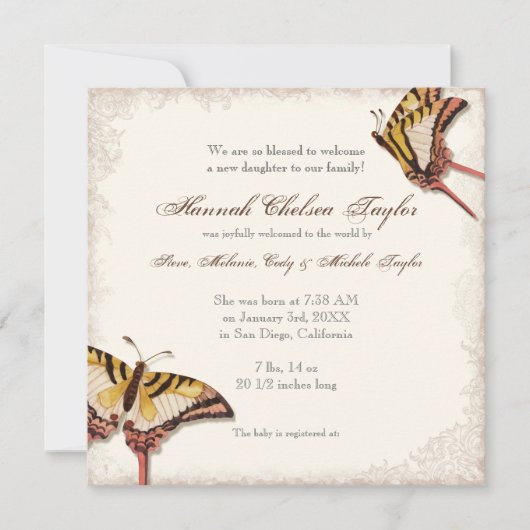 Verouderde Victoriaans Roos Baby Girl Birth Announ Aankondiging (Voorkant)