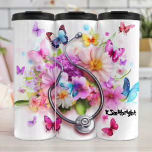 Verpersoonlijkte Stethoscoop Bloemen Vlinders Trib Thermosbeker