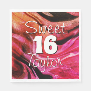 Verpersoonlijkte Sweet 16 Rood & Oranje Marmer Servet