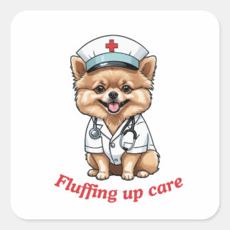 Verpleegkundige Cartoon met Pomeranian Dog Design Vierkante Sticker