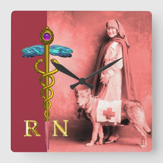 VERPLEEGKUNDIGE EN REDDINGSHOND /Goud Caduceus RN  Vierkante Klok (Voorkant)