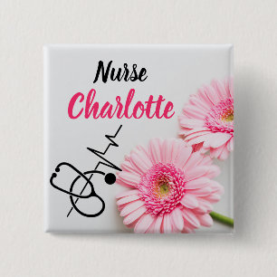 Verpleegkundigen Aangepaste naam Roze Daisy Floral Vierkante Button 5,1 Cm