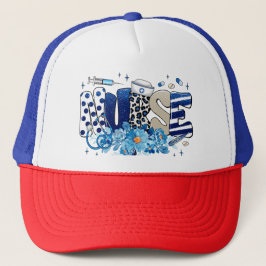 Verpleegster blauw vet glitterdier patroon, bloeme trucker pet
