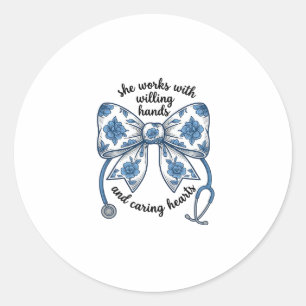 Verpleegster Bloemstrik Stethoscoop Vintage Gravur Ronde Sticker