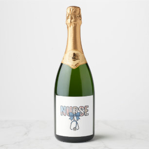 Verpleegster Boog Stethoscoop Vintage Bloemmotief Sparkling Wijnetiket