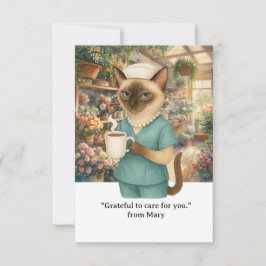 Verpleegster drink koffie voor bloemenwinkel bedankkaart