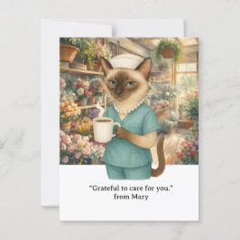 Verpleegster drinkt koffie voor bloemenzaak briefkaart