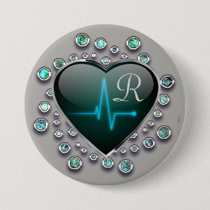 Verpleegster EKG-lijn hart juweel uitzicht grijs b Ronde Button 7,6 Cm
