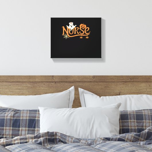 Verpleegster Halloween Schattige Ghost en Pumpkin Canvas Afdruk (Insitu (Slaapkamer))