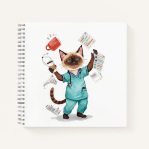 Verpleegster heeft koffiepauze voor kattenliefhebb notitieboek