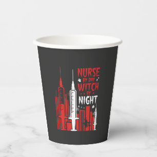 Verpleegster Heks Halloween Skyline Ontwerp_1 Papieren Bekers