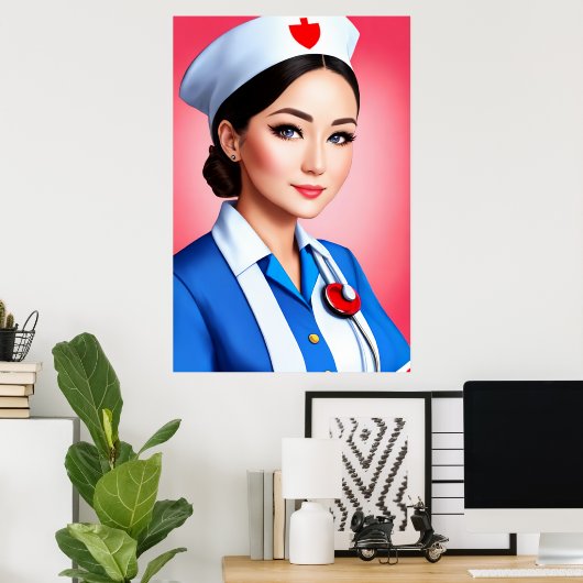 Verpleegster in wit blauw uniform | AI Art Poster (Thuiskantoor)