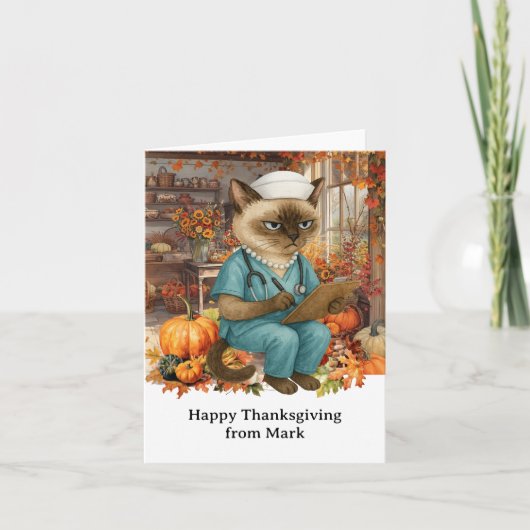 VERPLEEGSTER Kat met Bloemen Herfst Seizoen Thanks Kaart (Voorkant)