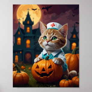 Verpleegster kat met Halloween pompoen Poster