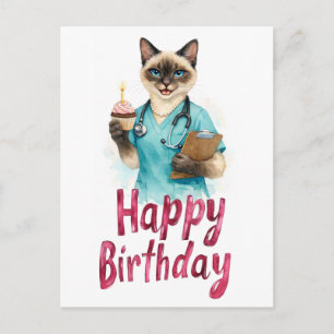 Verpleegster Kat met Taart en tekst Gefeliciteerd Briefkaart