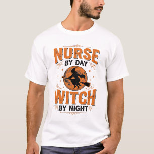 Verpleegster overdag Heks 's nachts Halloween-ontw T-shirt