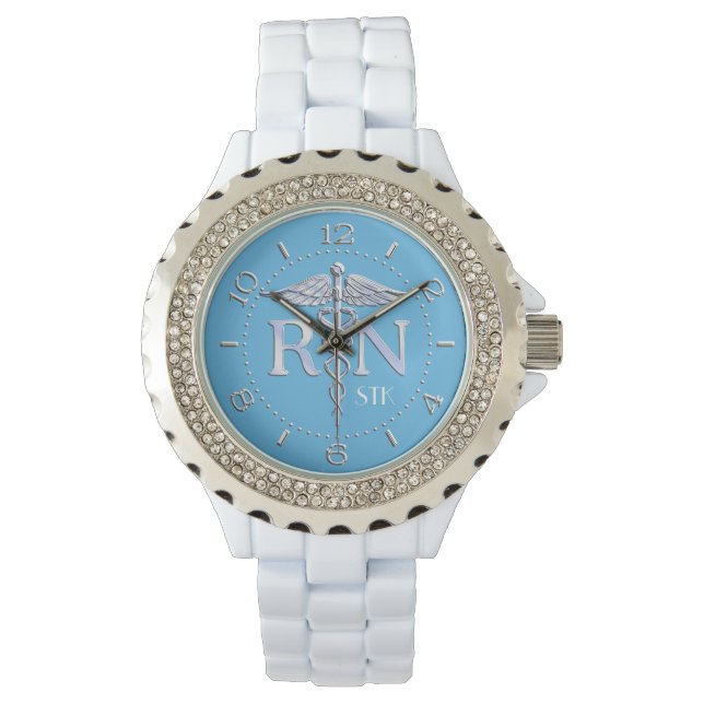 Verpleegster RN Silver Like Caduceus Monogram Baby Horloge (Voorkant)