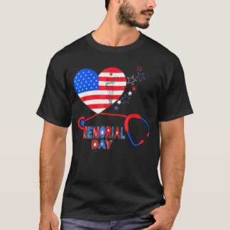 Verpleegster Stethoscoop Hart Patriottische Memori T-shirt