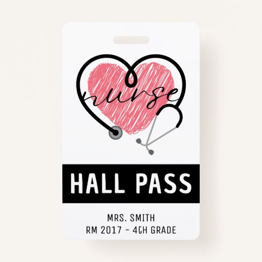 Verpleegster Stethoscoop Roze Hart Witte Hall Pass Badge (Voorkant)