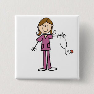 Verpleegster stickfigure vrouw met bruin haar vierkante button 5,1 cm