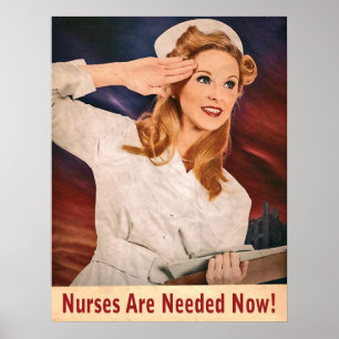 Verpleegsters worden nu nodig, vintage oorlogsprop poster