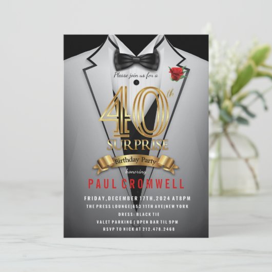 Verras 40e verjaardag Tuxedo Uitnodiging (Staand voorkant)