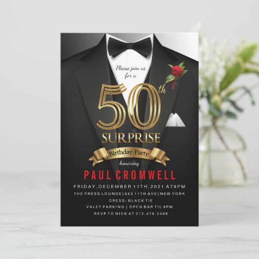Verras 50e verjaardag Tuxedo-uitnodiging Kaart (Staand voorkant)
