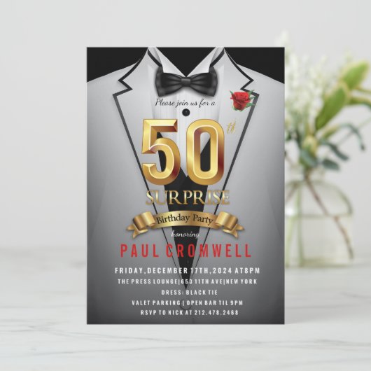 Verras 50e verjaardag Tuxedo-uitnodiging Kaart (Staand voorkant)