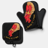 Verrassde Rooster Custom Tekst Grappig Ovenwant & Pannenlap Set (Voorkant / Achterkant)