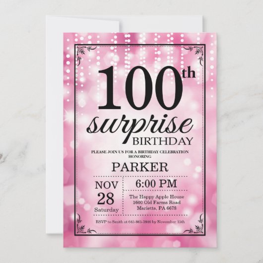Verrassend 100e verjaardag uitnodiging roze glitte (Voorkant)