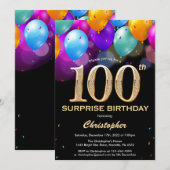 Verrassend 100e verjaardag zwarte en gouden ballon kaart (Voorkant / Achterkant)