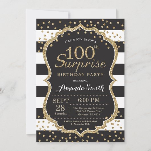 Verrassend 100th Birthday Uitnodiging. Gold Glitte Kaart (Voorkant)