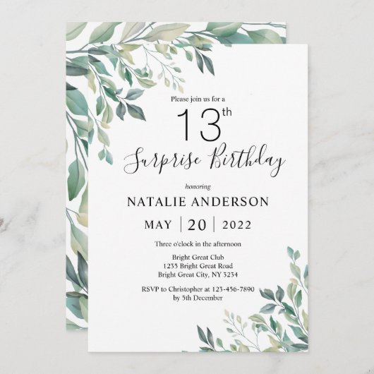 Verrassend 13e verjaardag groene Eucalyptus Greene Kaart (Voorkant / Achterkant)