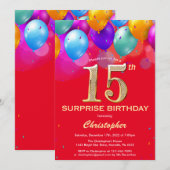 Verrassend 15e verjaardag Rode en gouden ballonnen Kaart (Voorkant / Achterkant)