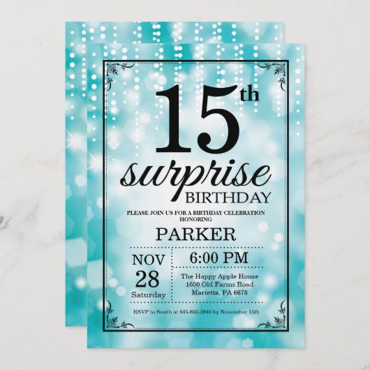 Verrassend 15e verjaardag Uitnodiging Blauwgroen G (Voorkant / Achterkant)