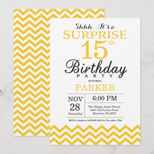 Verrassend 15e verjaardag Uitnodiging Geel Chevron (Voorkant / Achterkant)