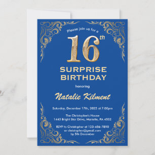 Verrassend 16e verjaardag blauw en goudglitter kaart
