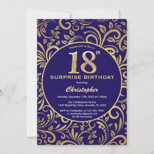 Verrassend 18e verjaardag Navy Blue en Gold Floral Kaart