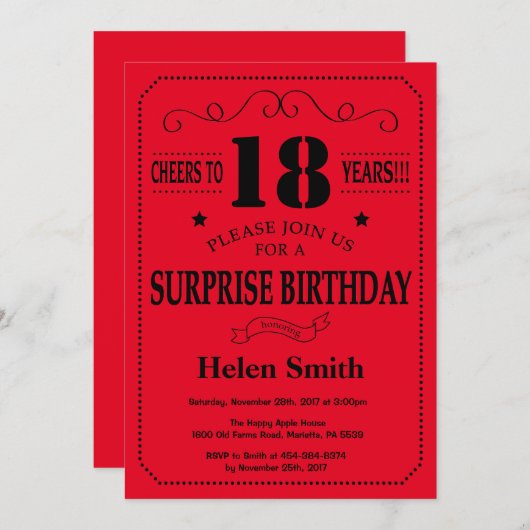 Verrassend 18e verjaardag Uitnodiging zwart-wit en (Voorkant / Achterkant)