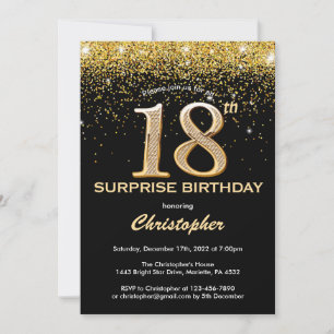 Verrassend 18e verjaardag zwart en gouden glitter kaart
