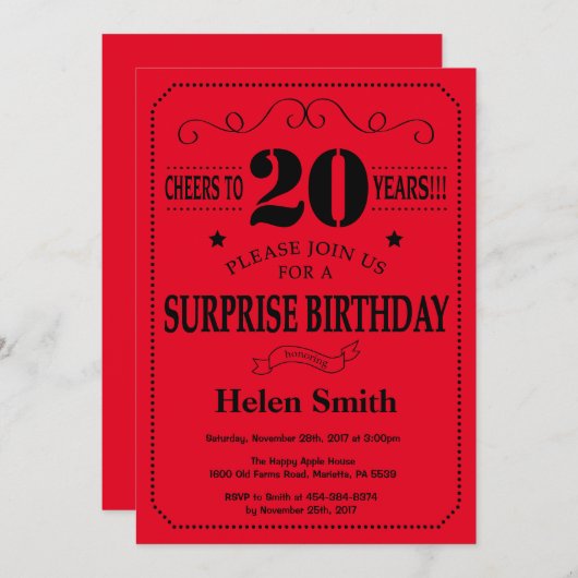 Verrassend 20e verjaardag Uitnodiging zwart-wit en (Voorkant / Achterkant)