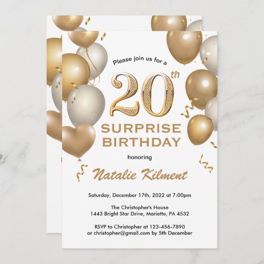 Verrassend 20e verjaardag Witte en gouden ballonne Kaart (Voorkant / Achterkant)