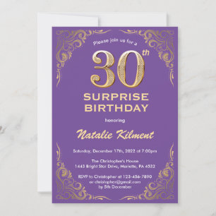 Verrassend 30e verjaardag Paars en Gold Glitter Kaart