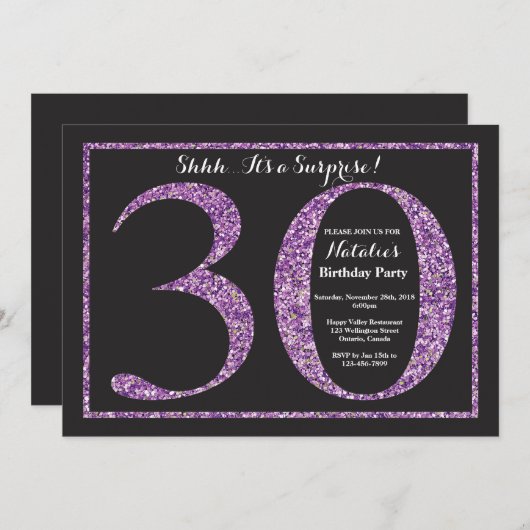 Verrassend 30e verjaardag Uitnodiging Paars Glitte (Voorkant / Achterkant)
