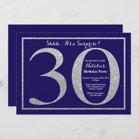 Verrassend 30e zeemaand blauw zilveren glitter kaart (Voorkant / Achterkant)